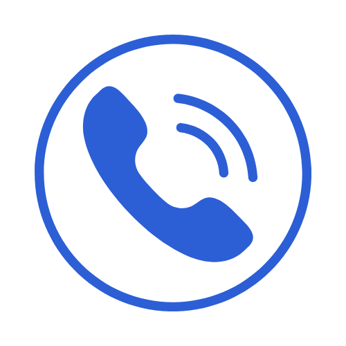 Blue phone receiver icon with sound waves, inside a circular border, on a black background.