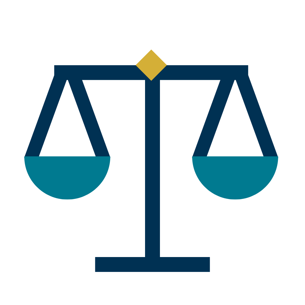 A graphic of a set of scales, symbolizing justice, with a gold diamond shape at the top center.