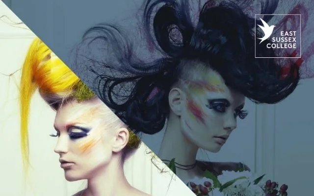Two models with vibrant hairstyles and artistic makeup, one with yellow hair and the other with black hair, in front of a light background with the East Sussex College logo.