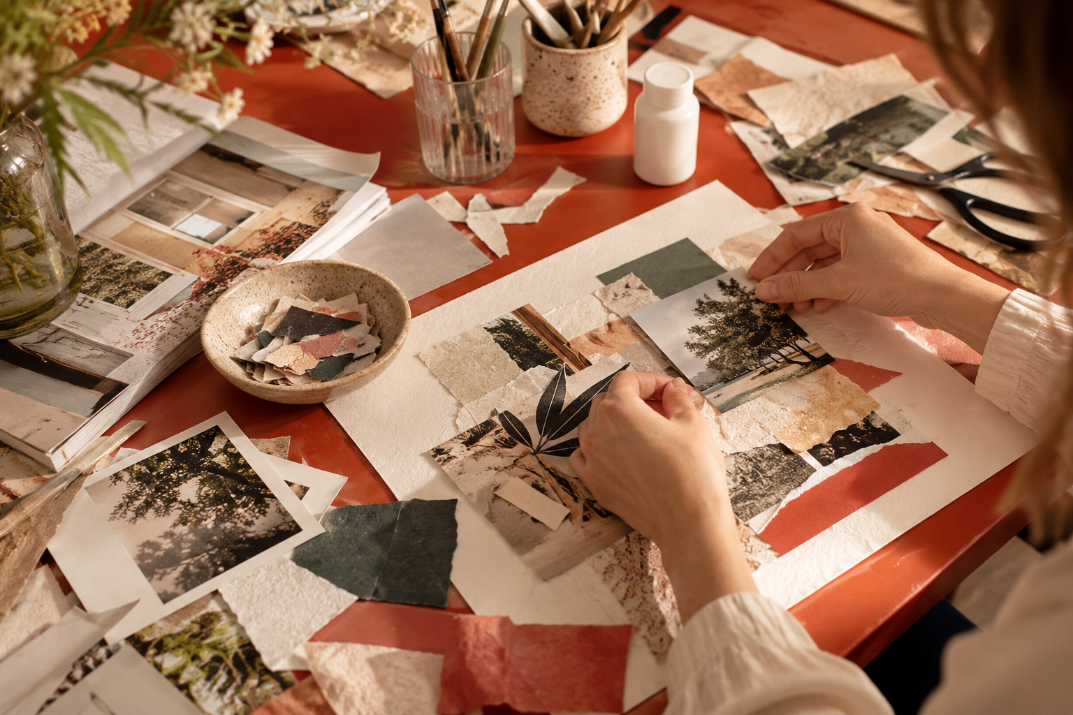 Jemand gestaltet eine Collage mit Naturbildern, Papierstücken und Schere auf einem Tisch.