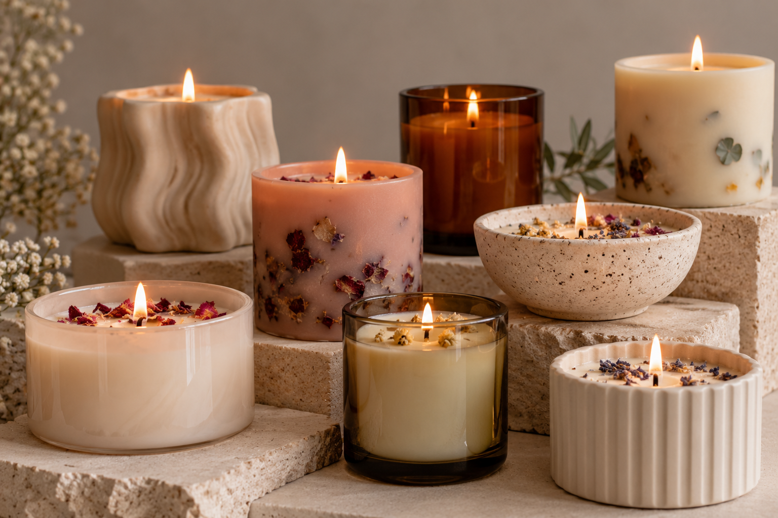 Mehrere Kerzen in verschiedenen Farben und Formen, die auf Steinen platziert sind, mit Flammen, umgeben von kleinen Blumen.