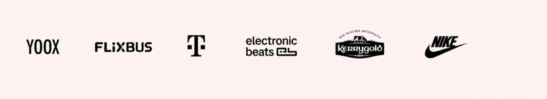 Logos von verschiedenen Marken, darunter YOOX, Flixbus, T-Mobile, electronic beats, Kerrygold, Nike.