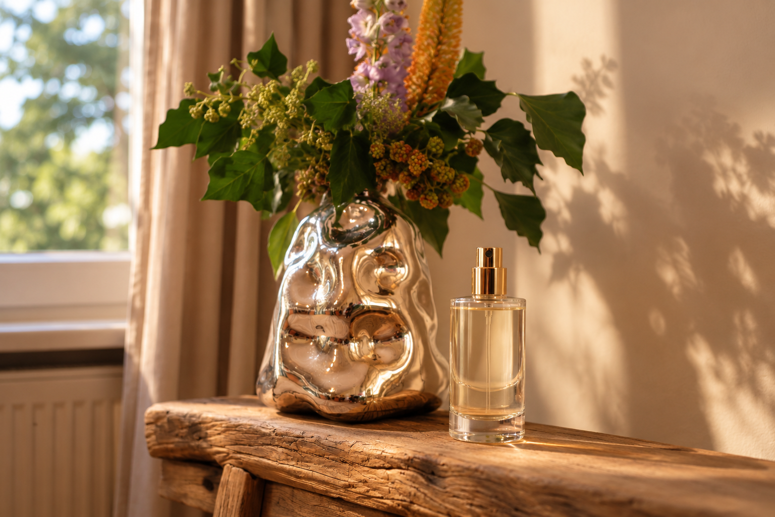 Blumen in silberner Vase und Parfümflasche auf rustikalem Holzbrett