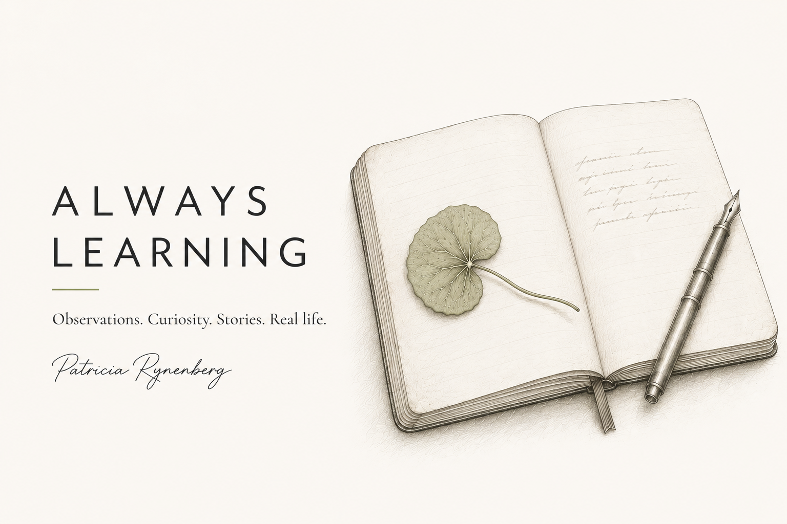 Pencil illustration of an open journal titled "Always Learning" with a pressed leaf, a fountain pen, and handwritten notes, by Patricia Rynenberg.