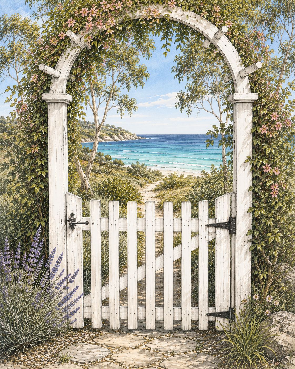 A white picket garden gate covered in climbing vines, opening onto a stone path leading toward the ocean.
