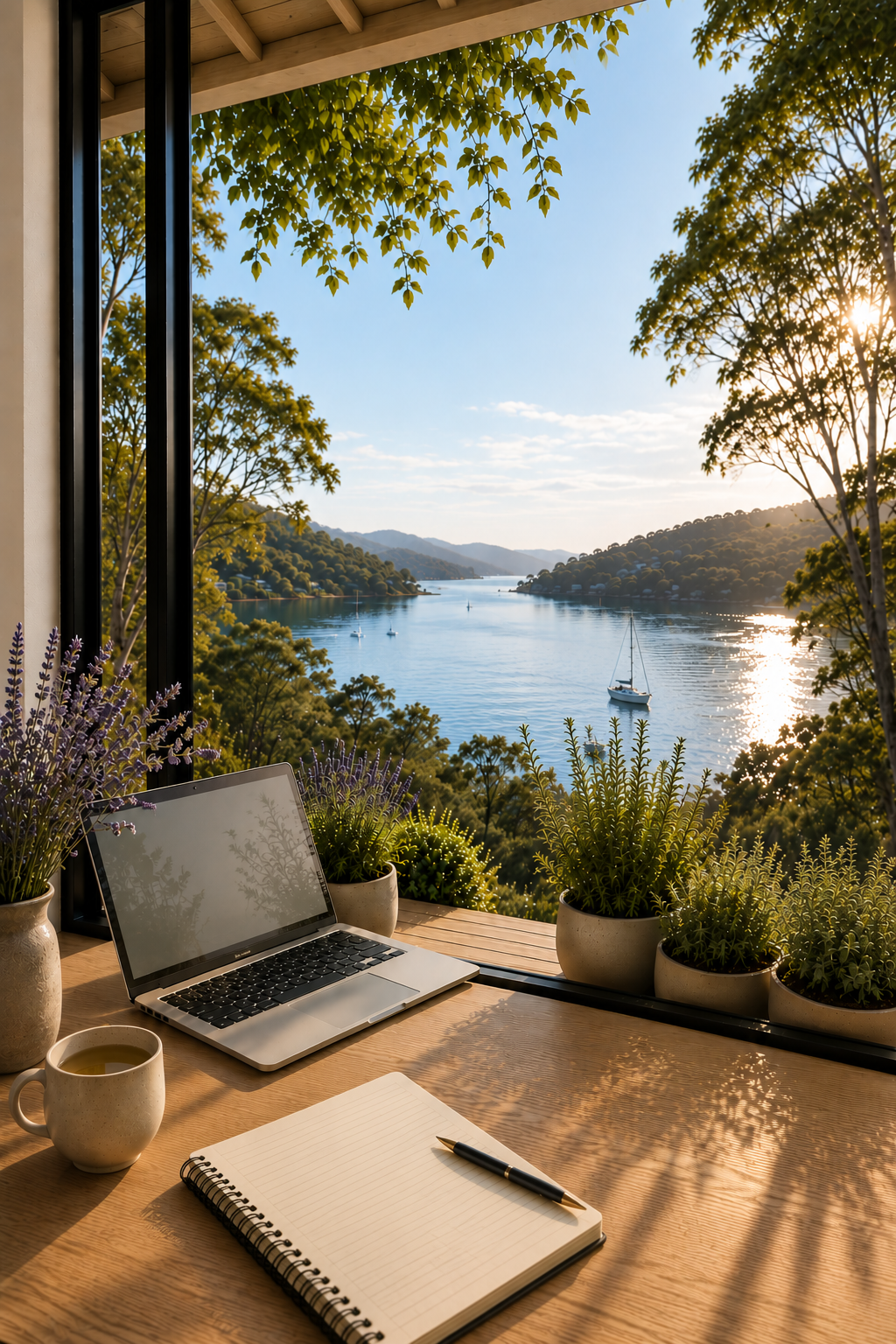 A cozy writing desk by a window with a laptop, notepad, coffee, and potted herbs, overlooking a river and tree-covered hills.