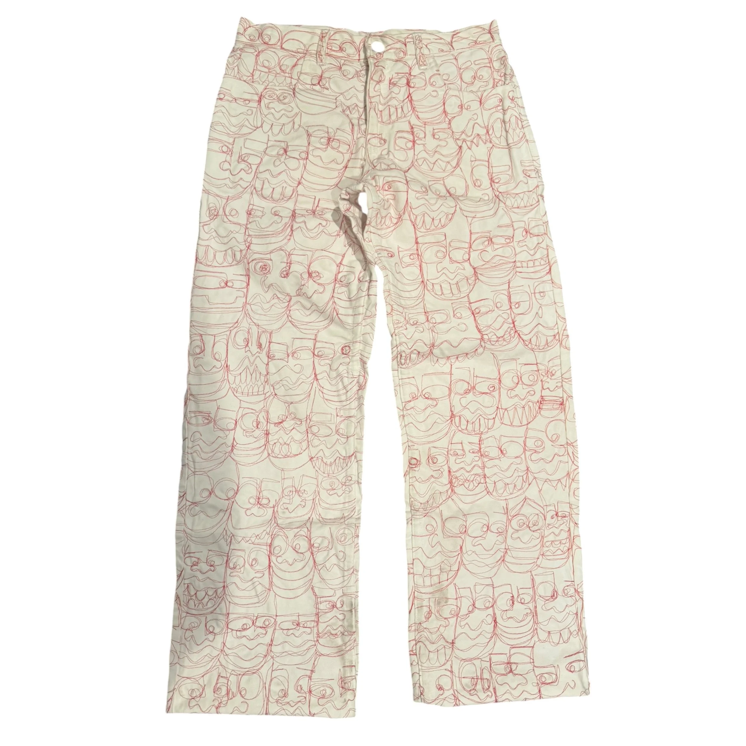 White and Red Freehand Face Jeans
