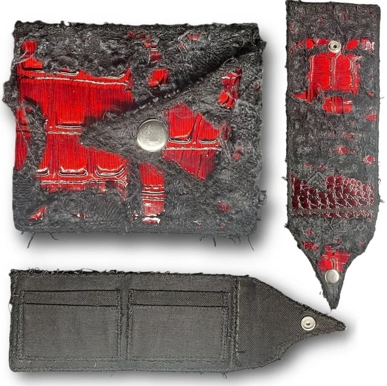 Red and Black Snap Button Shredding Croc Wallet