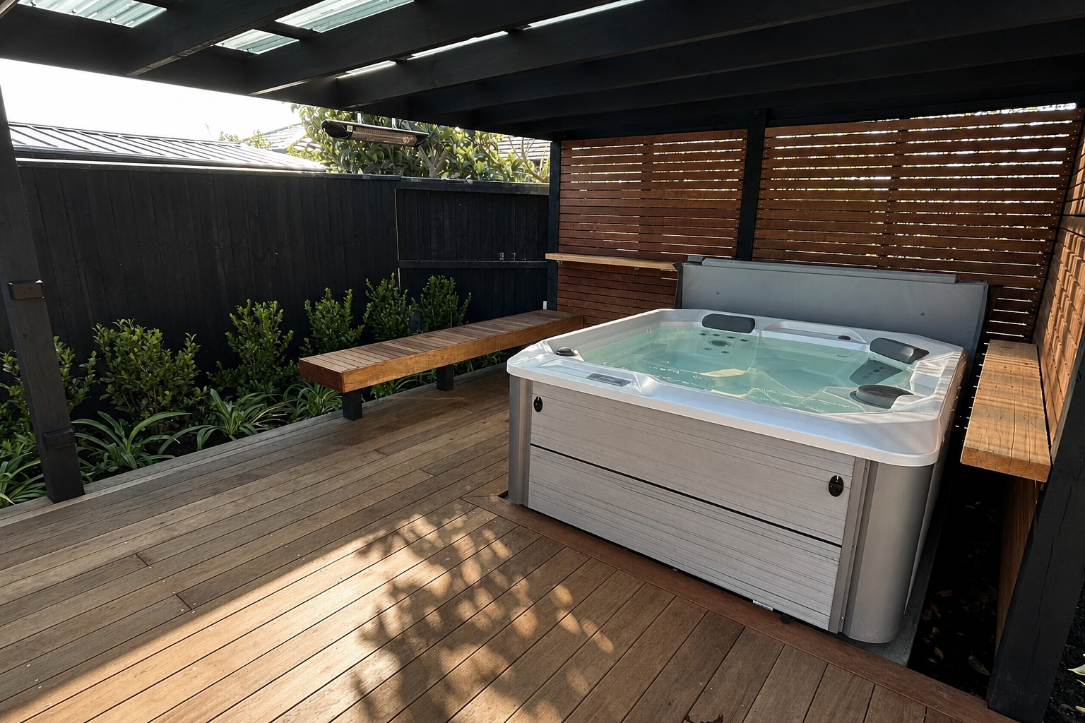 Outdoor hot tub on wooden deck with black and brown wooden fencing, green plants, and a shaded roof.