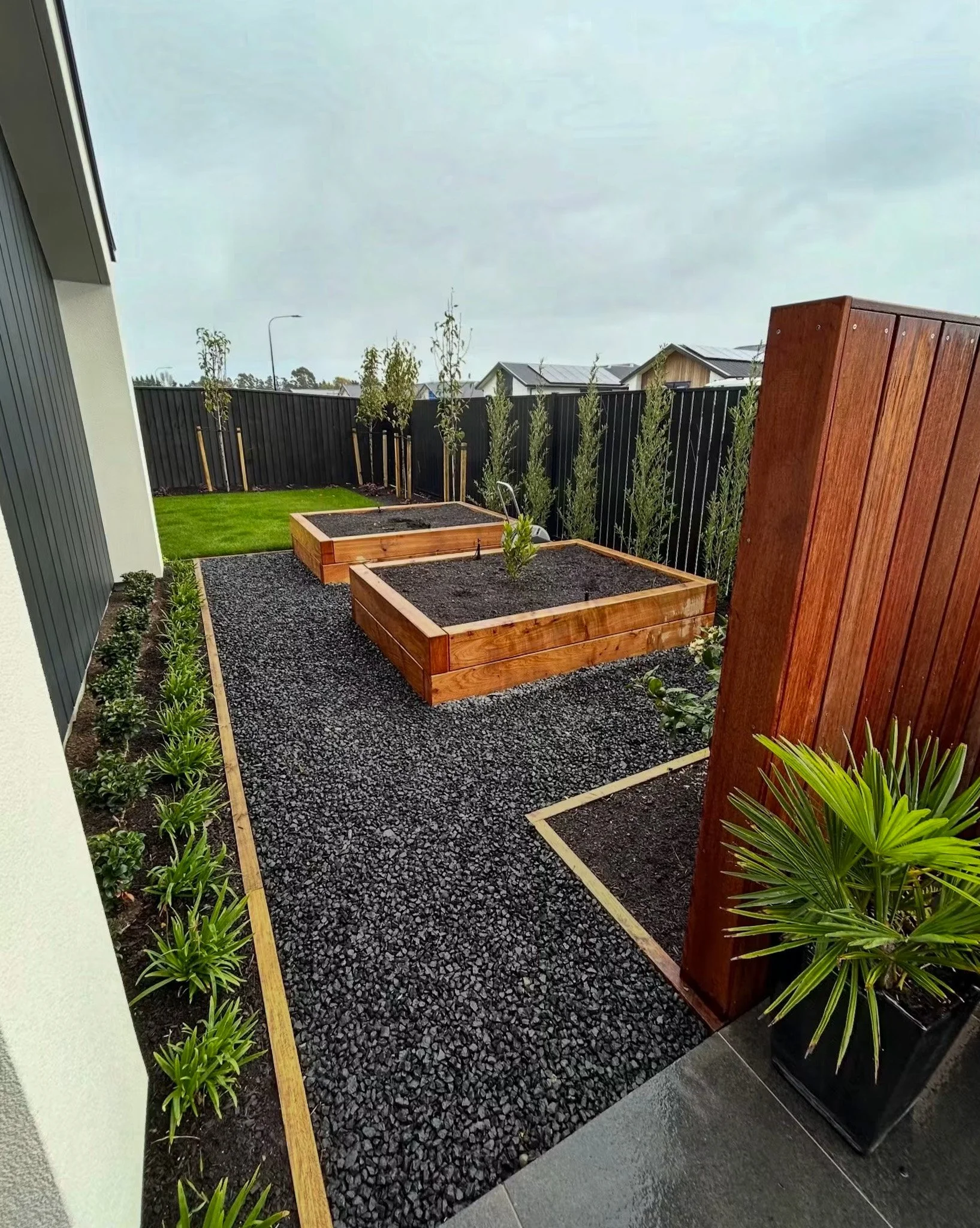 A modern backyard garden with raised wooden garden beds, a gravel pathway, a black fence, and young trees and plants, with neighboring houses visible in the background under a cloudy sky.