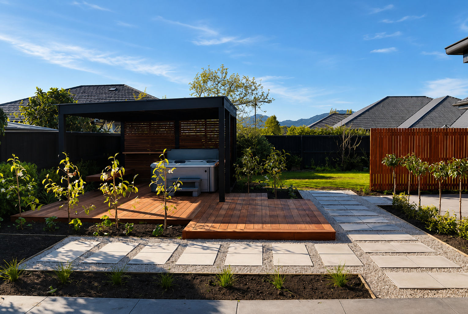A backyard garden with a wooden deck and a pergola housing a white hot tub, surrounded by young plants, a gravel pathway, and a green lawn, with neighboring houses and mountains in the background under a blue sky.