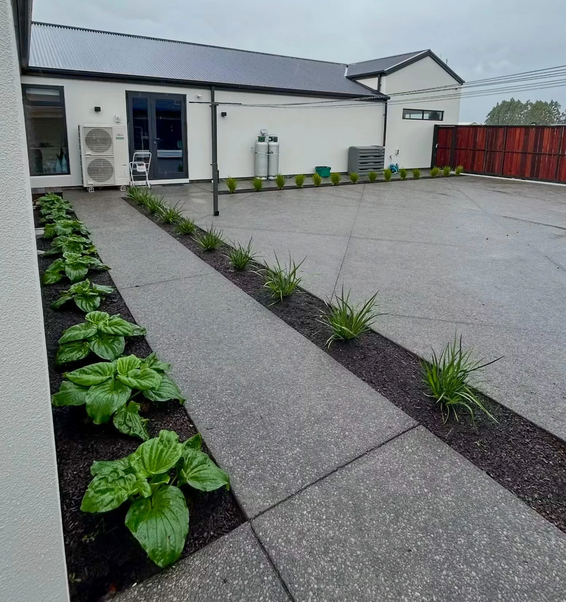 View of a backyard with a concrete patio, small green plants lining the edge, a rain-soaked surface, and a house with a modern design, white walls, large windows, a metal roof, and a red wooden fence.