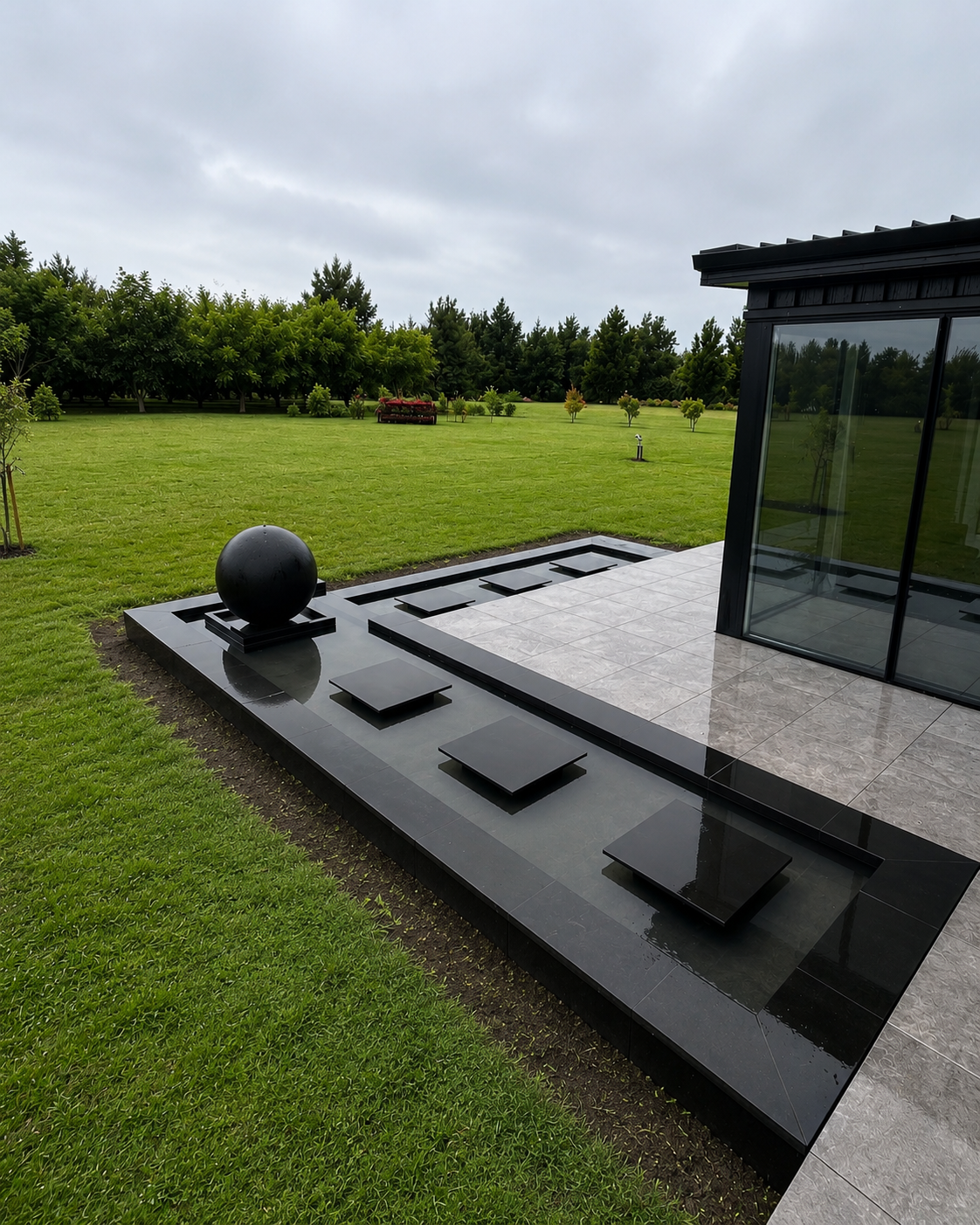 Outdoor patio area with black tiles, glass walls, and a black spherical sculpture, overlooking a green lawn with trees under gray cloudy sky.