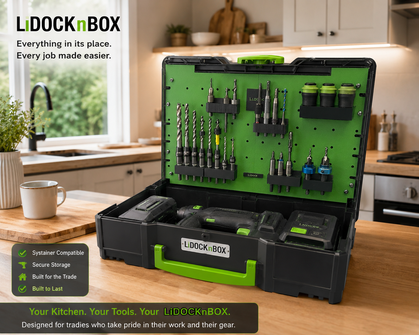A storage toolbox with various drill bits and tools organized inside, set on a kitchen countertop with a window, cups, and plants in the background.