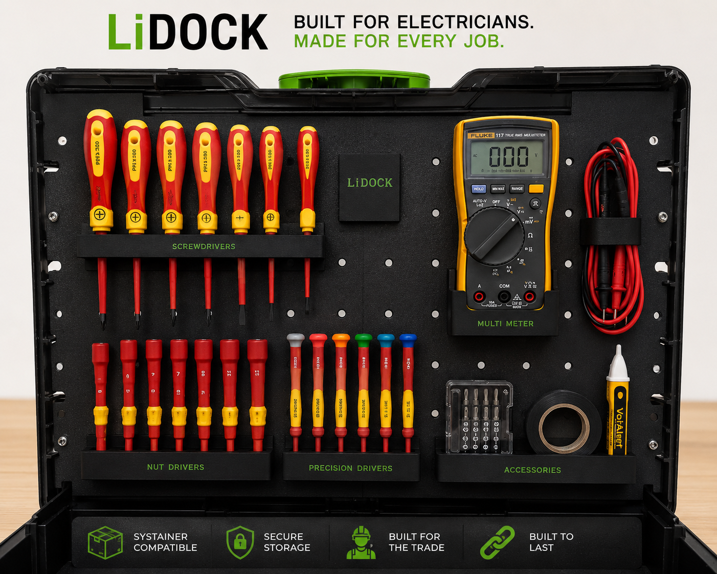 A black organized electrician's tool kit with labeled sections containing screwdrivers, nut drivers, precision drivers, a multimeter, wires, small bits, a roll of black tape, and a tube of dielectric gel. The kit is branded LiDOCK and has the text 'Built for electricians. Made for every job.' at the top.
