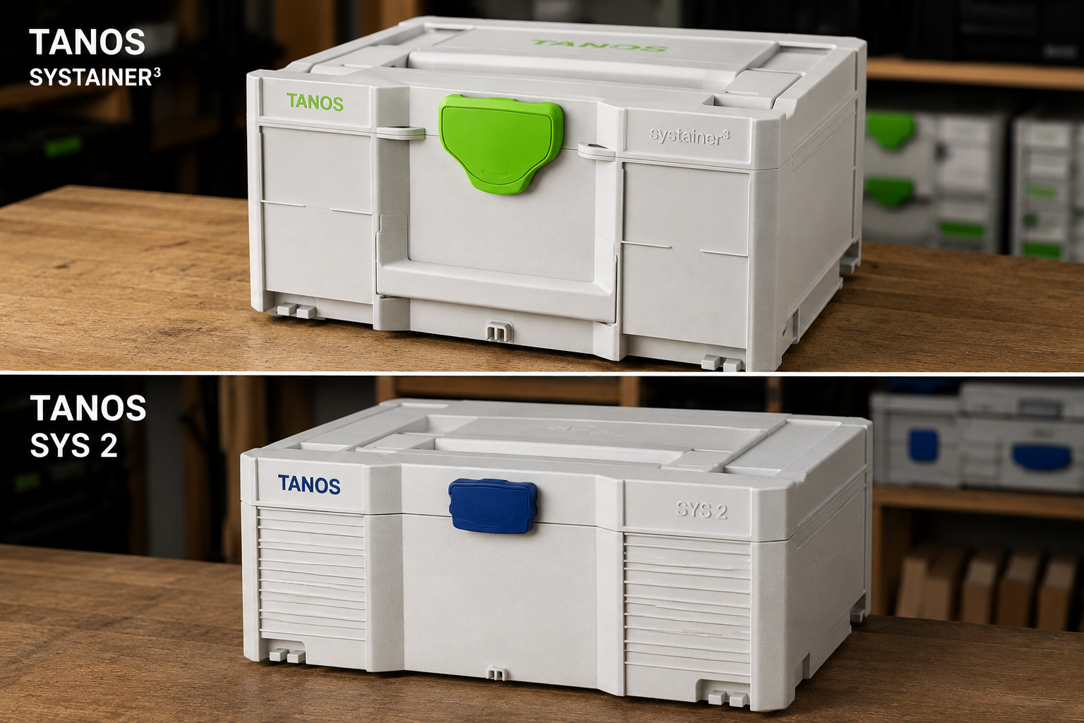 Two white storage containers labeled 'TANOS'. The top container is labeled 'SYSTAINER	extsuperscript{3}', with a green latch, and the bottom one is labeled 'SYS 2', with a blue latch.