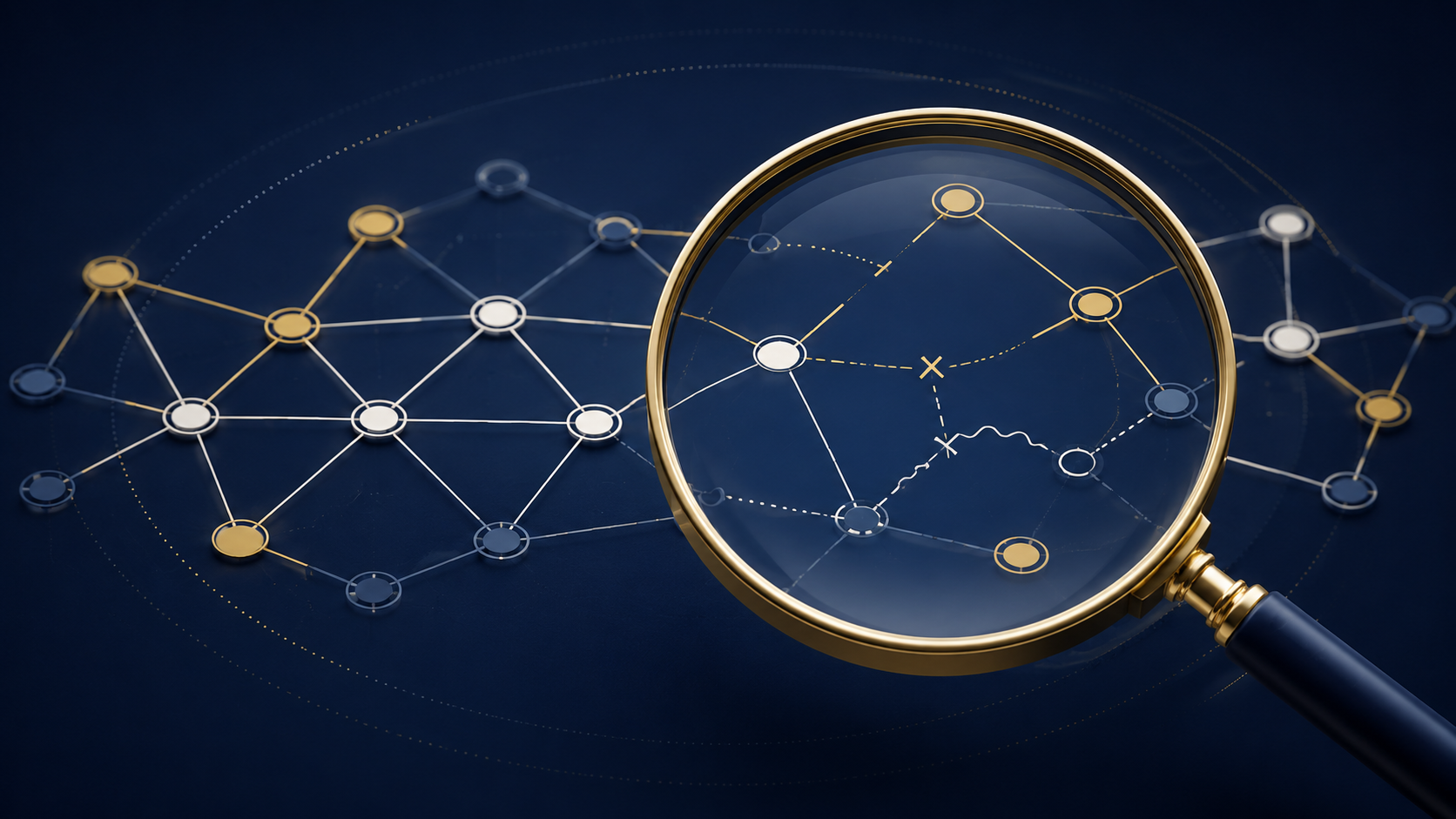 A magnifying lens revealing gaps and conflicting connections within an organizational system.