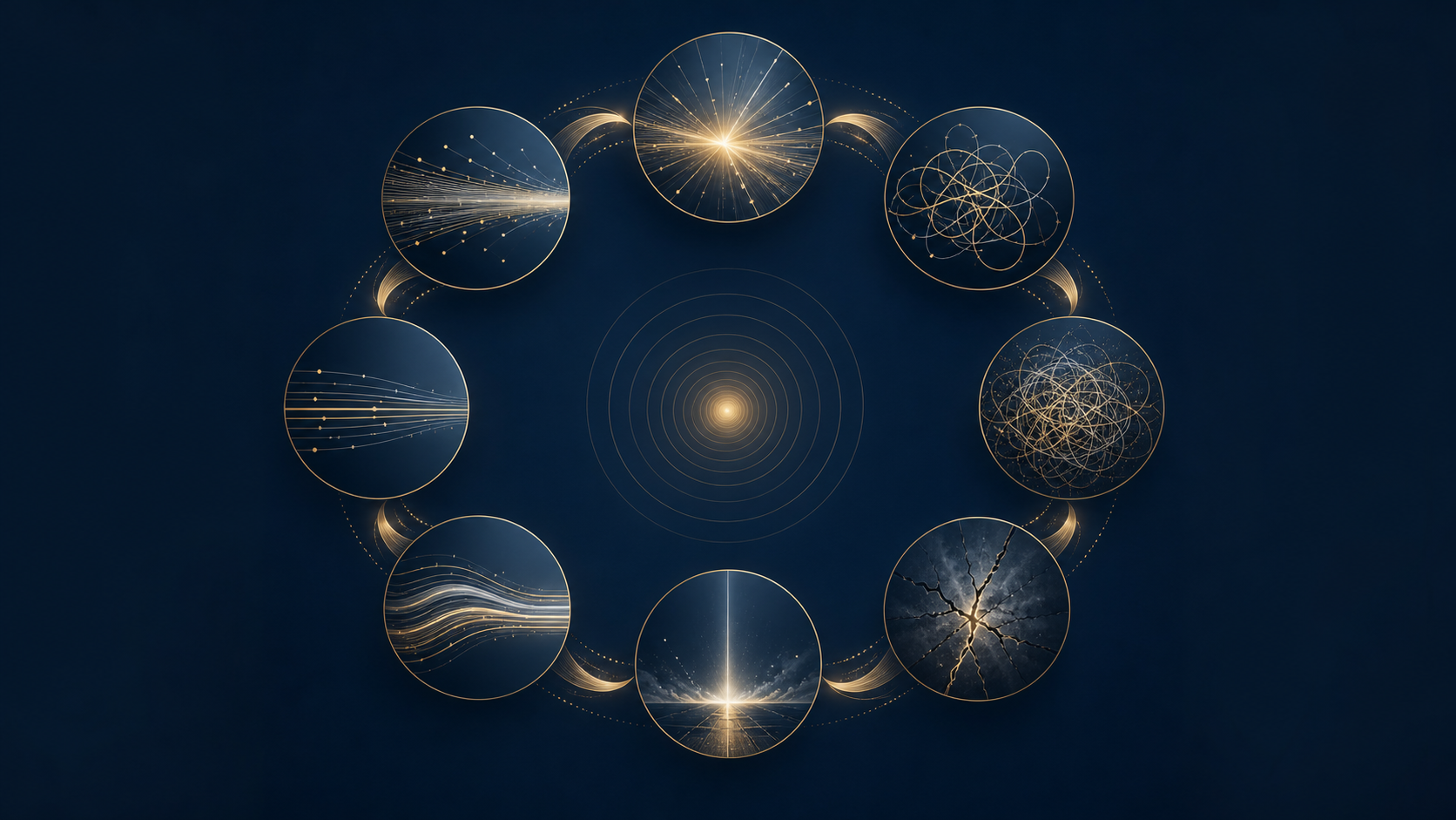 A digital illustration of the universe with interconnected circular scenes depicting cosmic phenomena against a dark background.