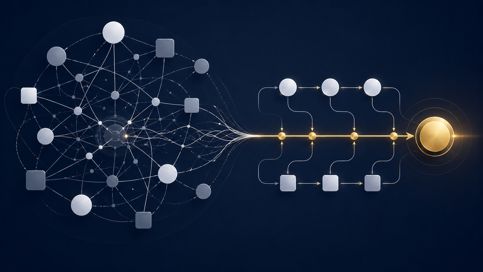Digital illustration of a neural network connecting to a flowchart with arrows leading to a glowing gold circle, representing artificial intelligence or machine learning concepts.