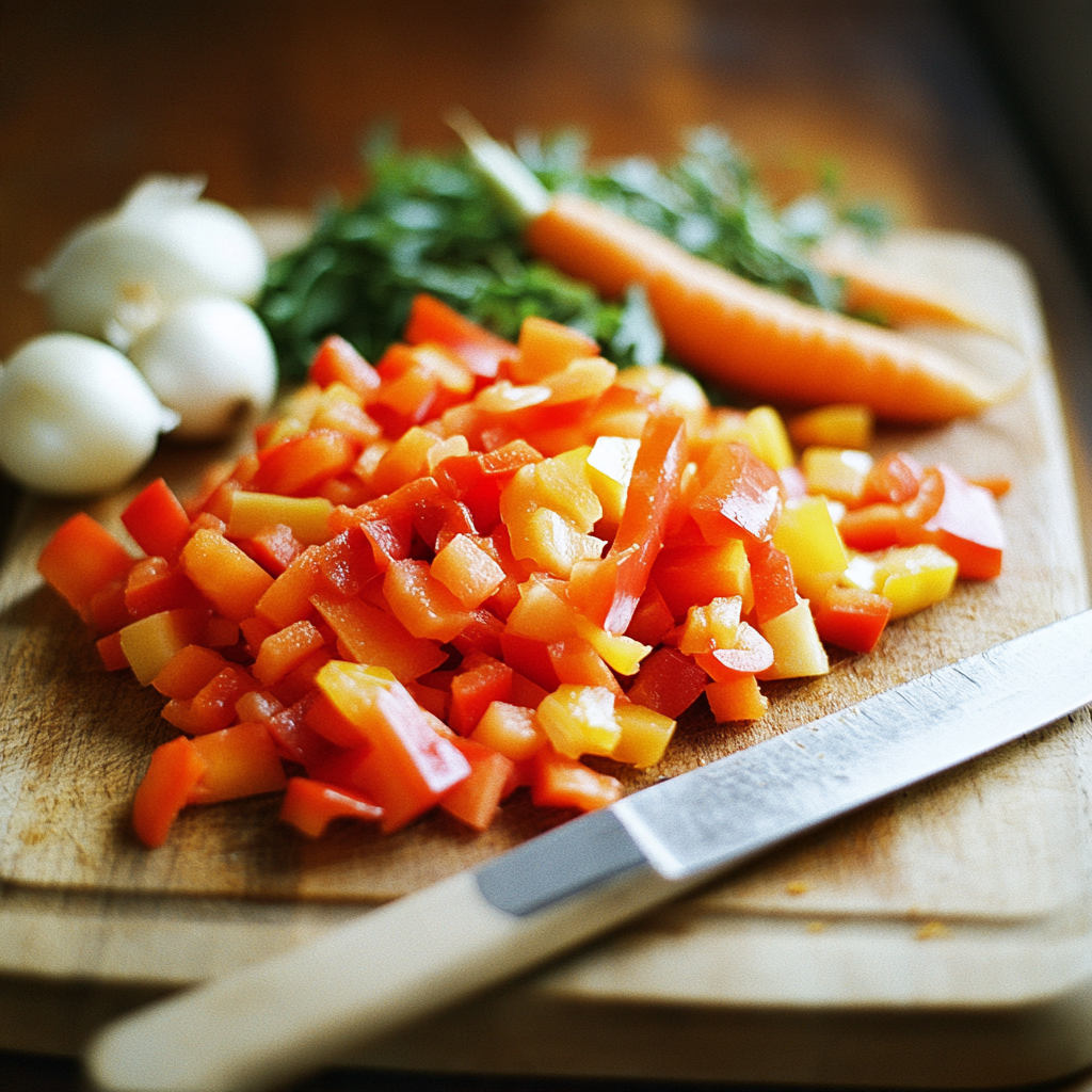 Planche à découper garnie de légumes frais, en partie coupés, croquants et colorés