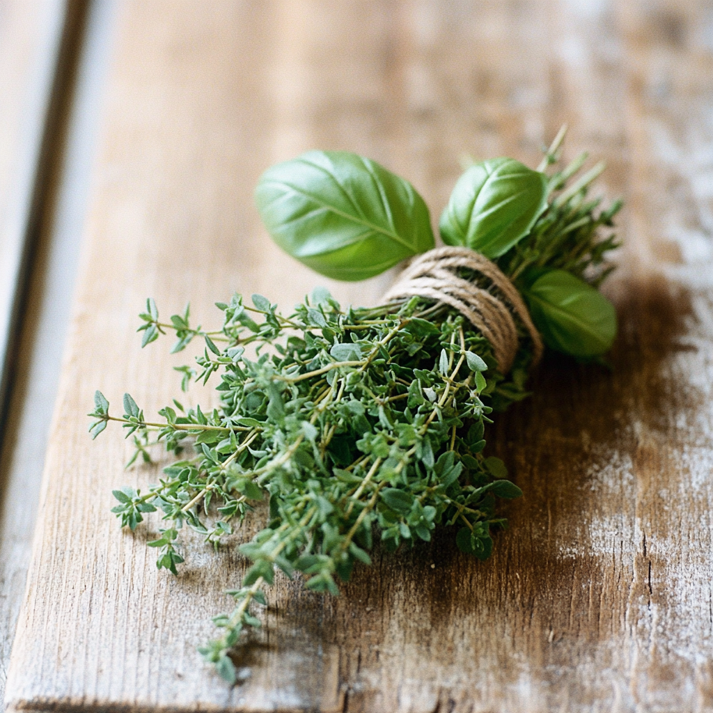 Bouquet de thym et de basilic frais, parfumé, prêt à relever un plat