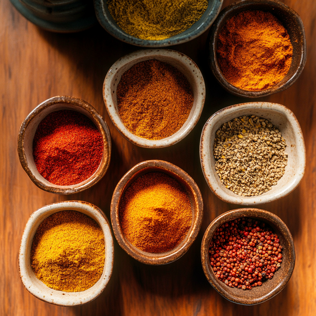 Petits bols d’épices vus du dessus, des couleurs chaudes et des arômes qu’on devine