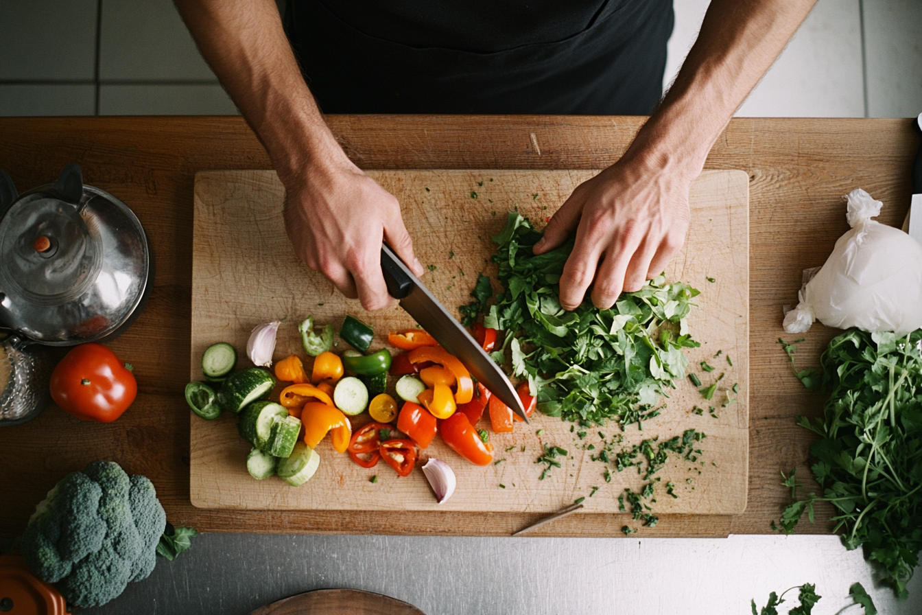 Un chef qui découpe des légumes