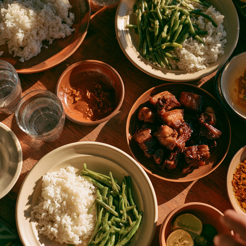 Des assietes de riz, haricots verts et porc au caramel