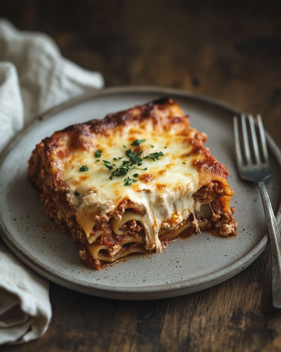 Part de lasagnes gratinées, croûte dorée de fromage et couches fondantes de sauce tomate et de béchamel
