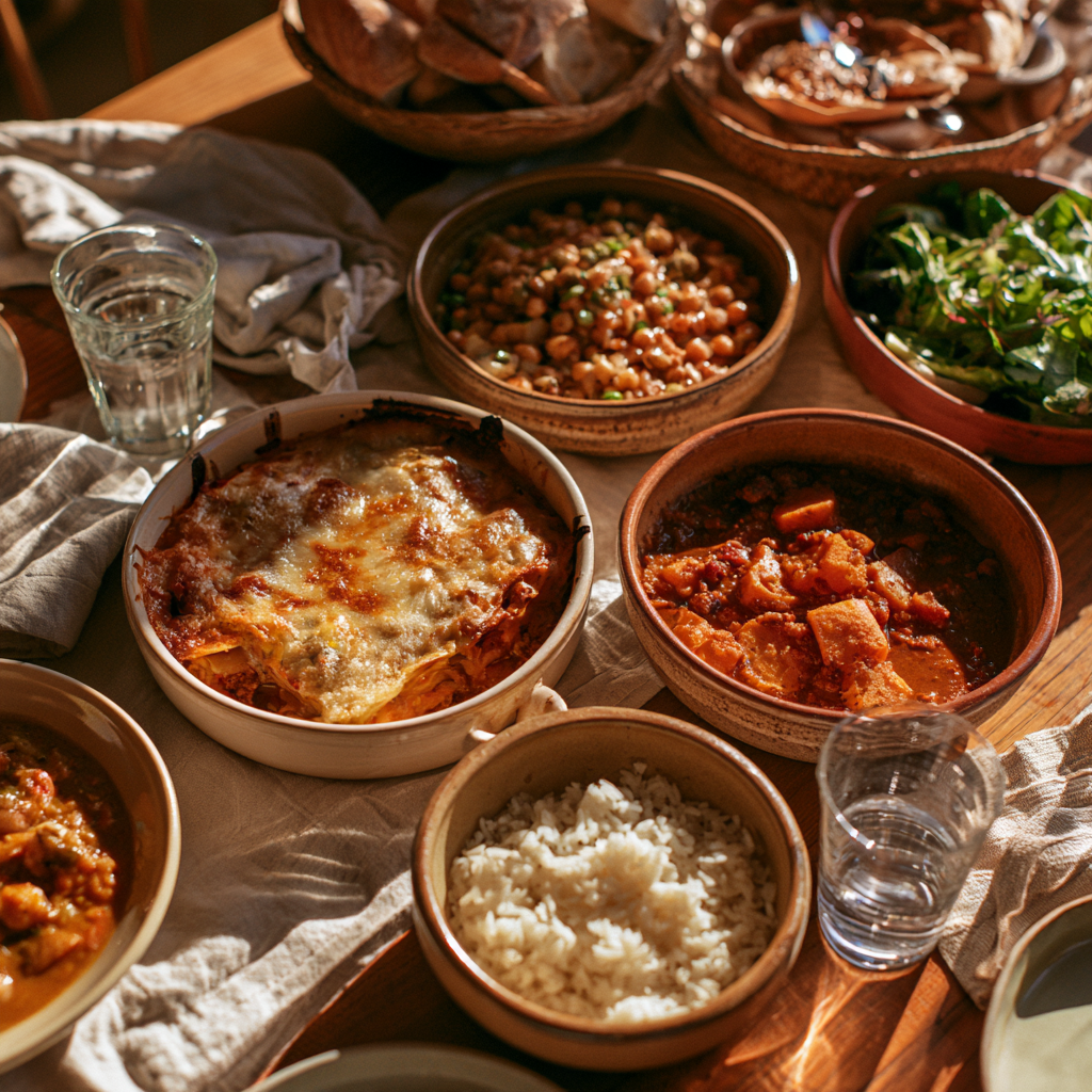 Table généreuse : lasagnes gratinées, tajine mijoté, riz parfumé, salade de pois chiches et salade verte croquante