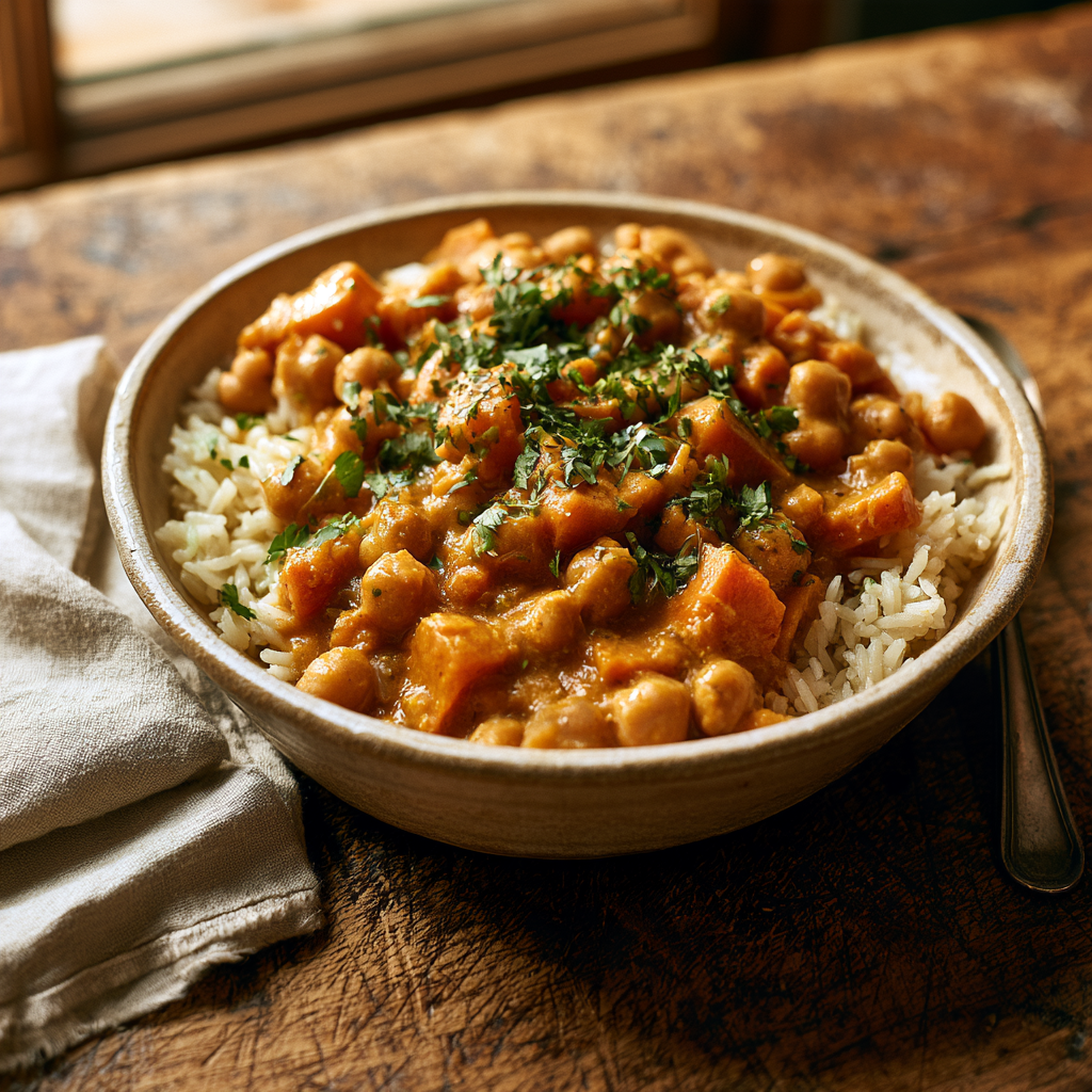 Curry crémeux et doré, patate douce fondante et pois chiches tendres, servi sur du riz blanc dans un bol