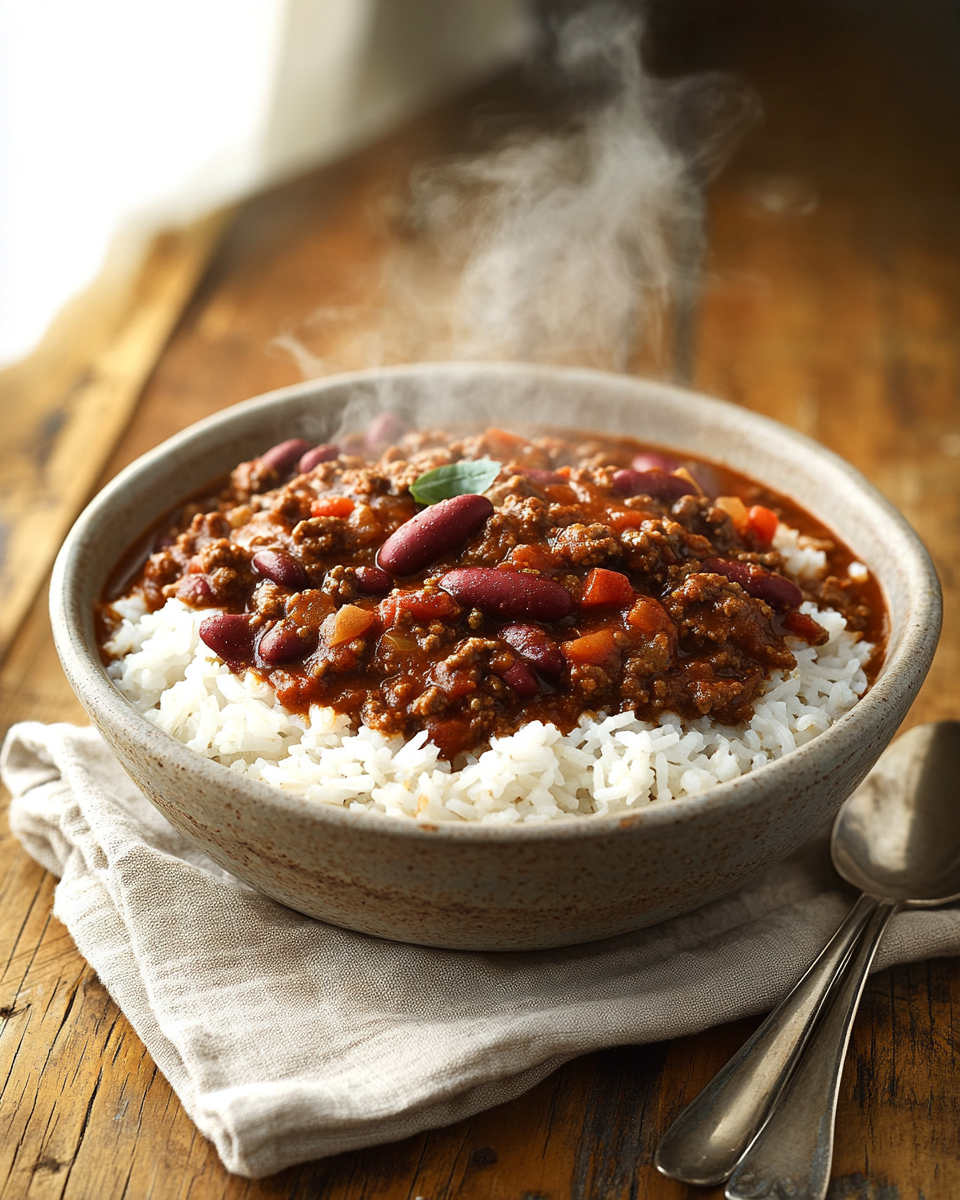 Chili con carne mijoté, riche et épicé, avec haricots rouges et maïs, servi sur du riz