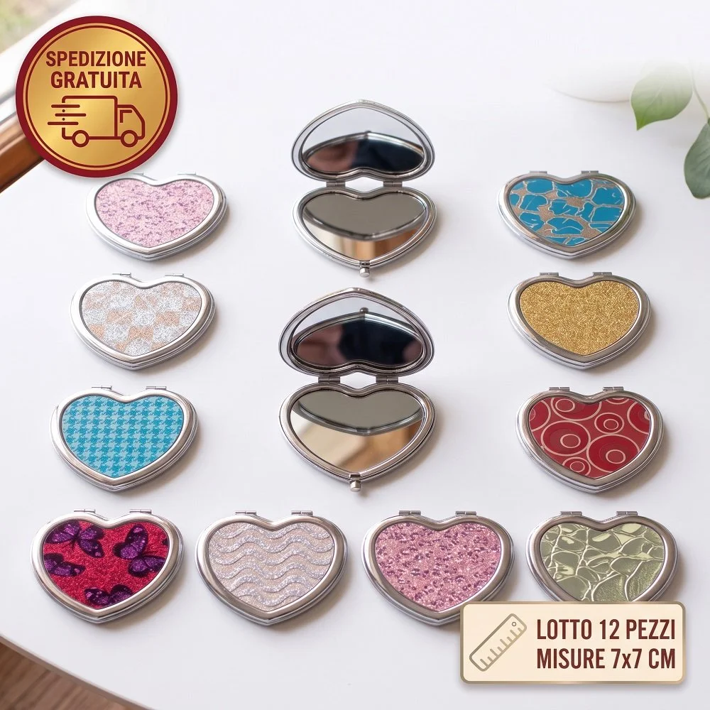 Set 12 Specchietti da Borsetta a Cuore Glitterati Mod. AC-03 – Idee Regalo e Bomboniere