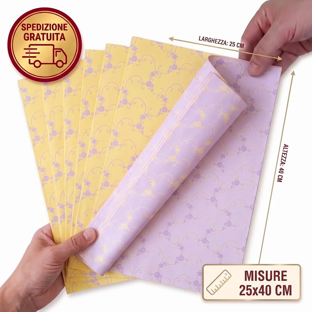 Set 10 Buste Regalo Perlate Bifacciali 25x40 cm – Fantasia Floreale Floriade (Giallo e Lilla)