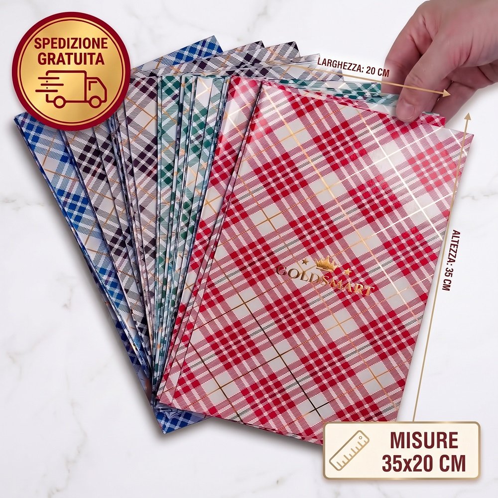 Set 20 Buste Regalo Scozzesi Assortite (35x20 cm) con Dettagli Dorati – Sacchetti Festa
