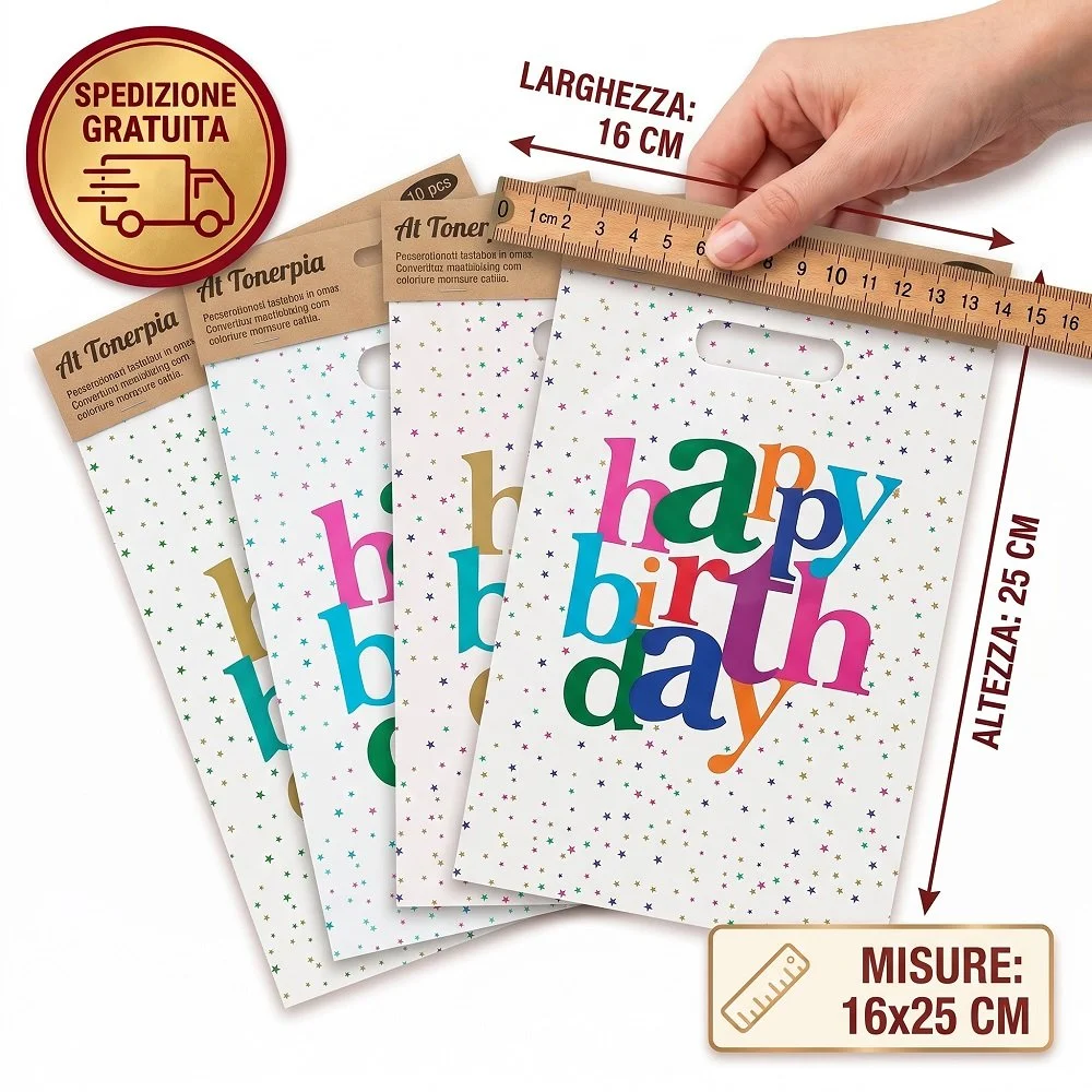Set 50 Buste Regalo Compleanno "Happy Birthday" (25x16 cm) – Sacchetti Festa Assortiti