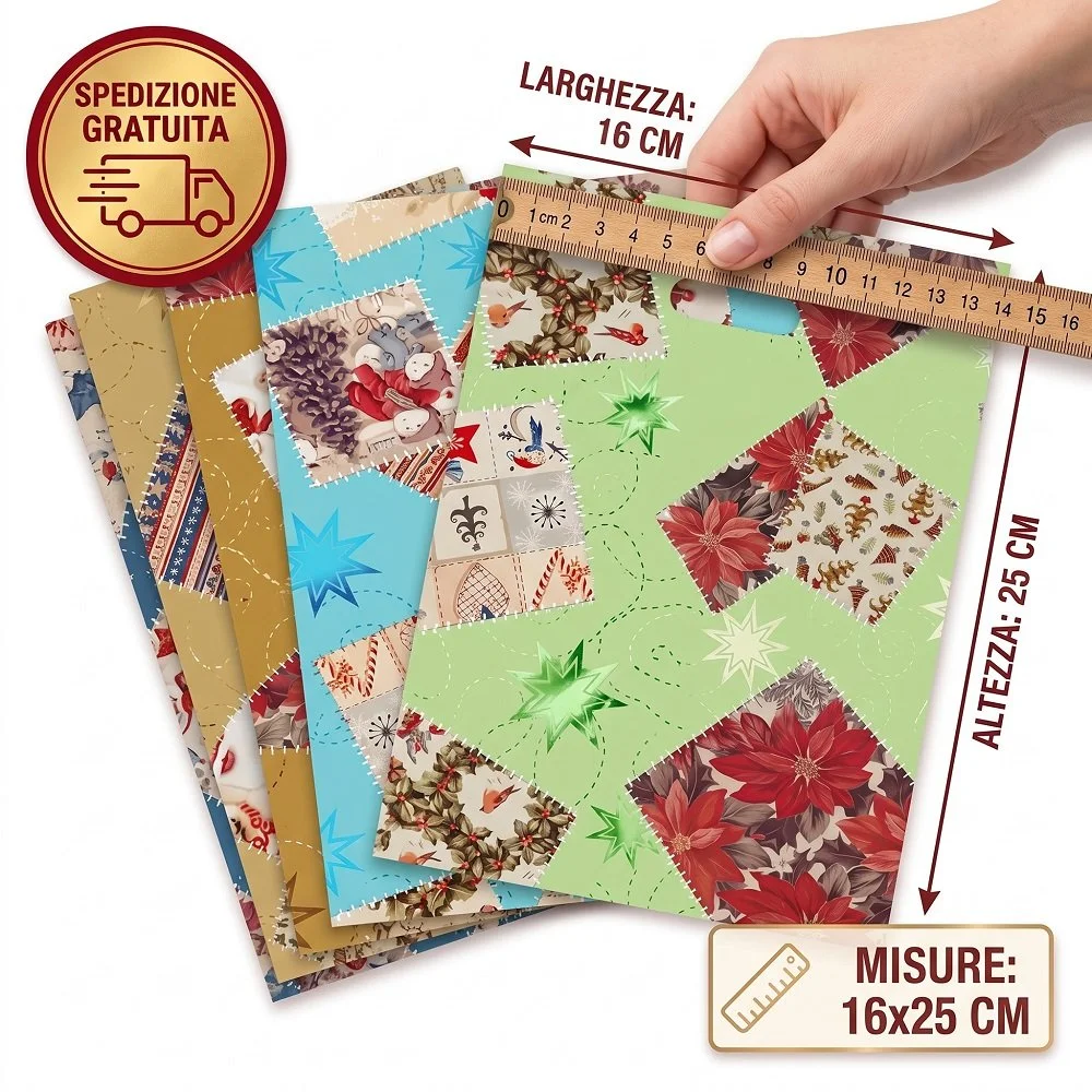 Lotto 20 Buste Natalizie (16x25 cm) Fondo Piegato – Fantasia Patchwork per Confezioni