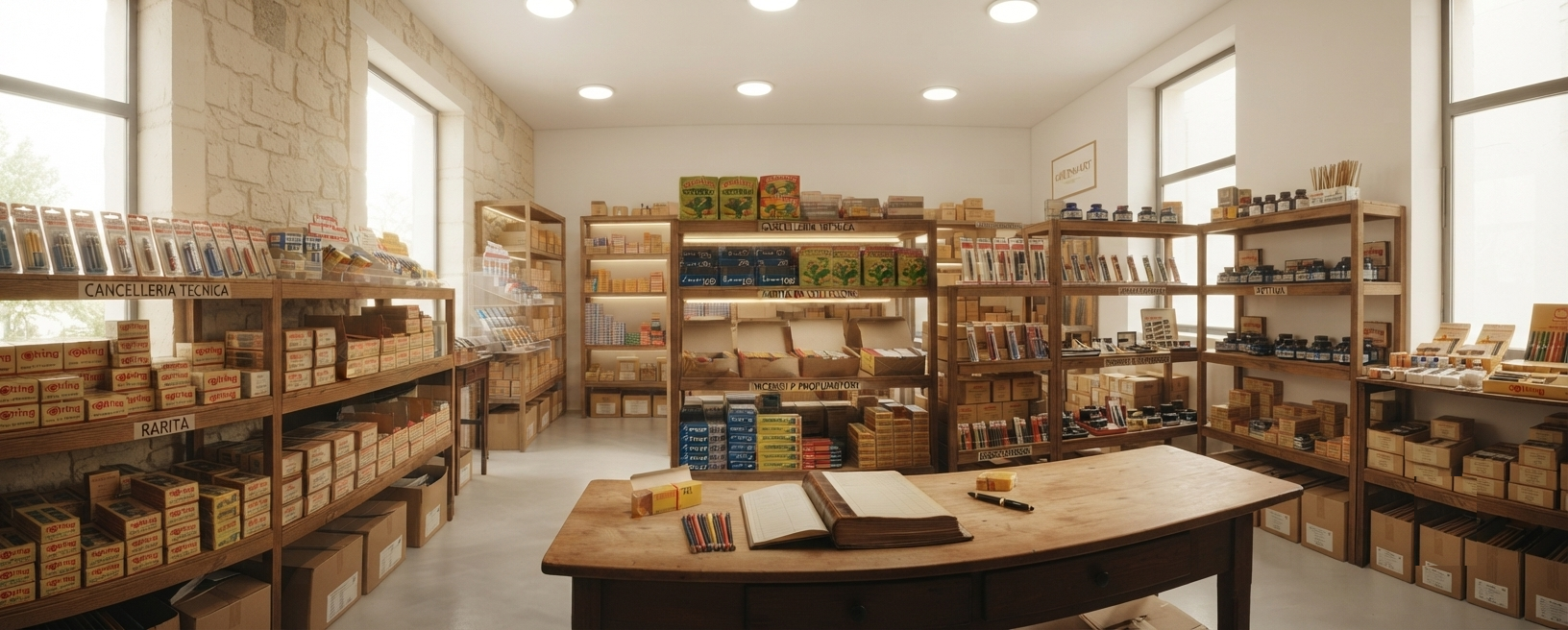 Interno di una libreria con scaffali di prodotti di cancelleria in legno, una grande scrivania in primo piano con quaderno, penne e prodotti di scrittura, pareti in pietra e grandi finestre con luce naturale.