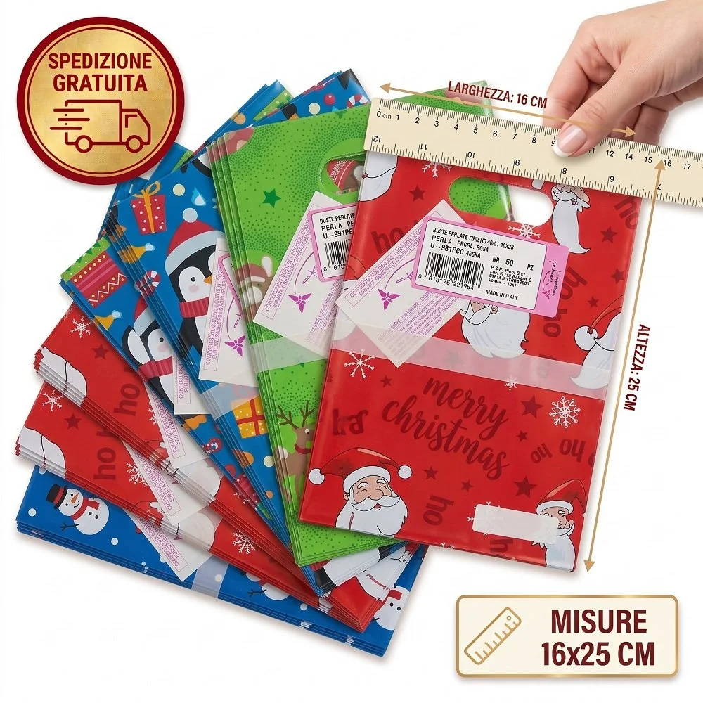 Set 24 Buste Regalo Natalizie in PPL (16x25 cm) – Fantasie Assortite