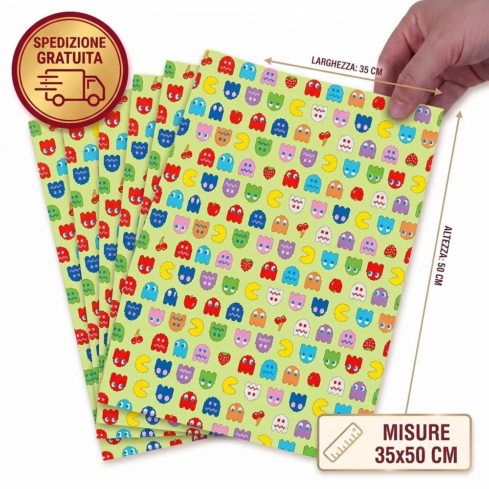 Set 10 Buste Regalo e Imballo Retrogaming Stampa Pac-Man (35x50 cm) – Fondo Verde Mela Multicolore