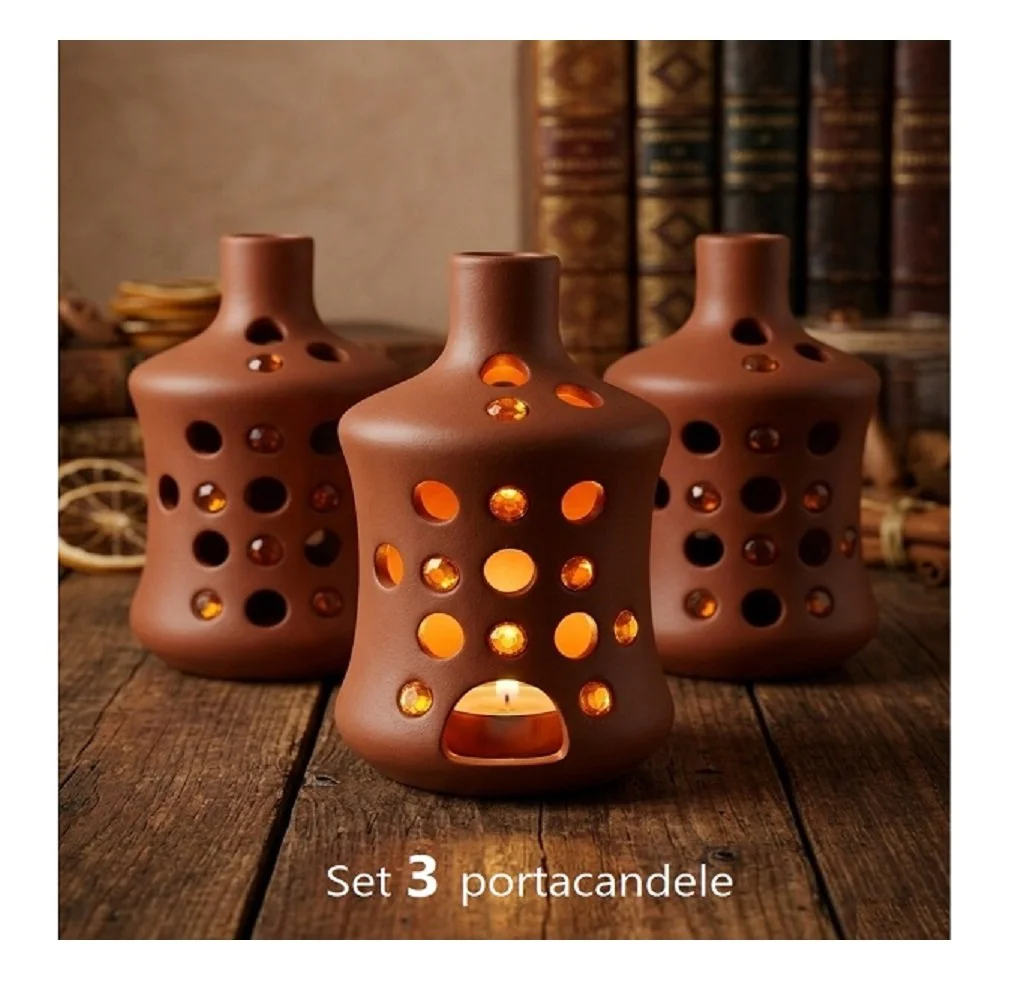Set 3 Portacandele in Terracotta Stile Etnico Inserti Ambra