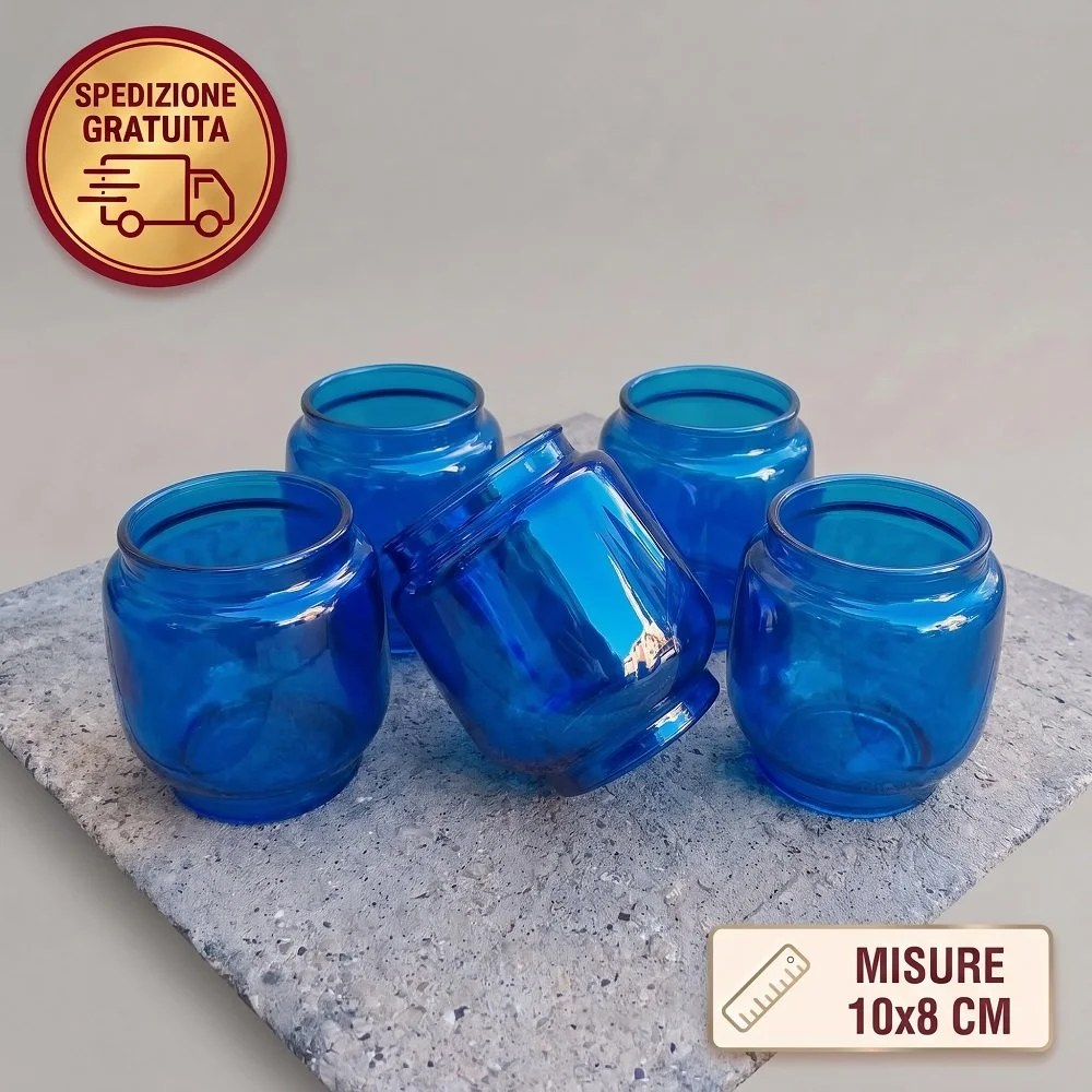 Set 5 Portacandele Proteggi-Lumini in Vetro Blu Iridescente – Bicchieri D'Arredo per Candele