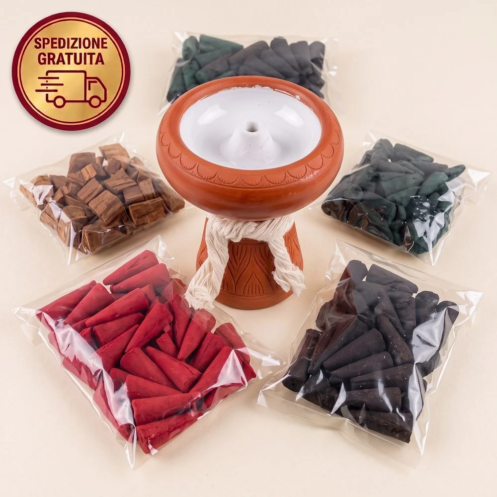 Set Bruciatore Incenso in Terracotta con Interno in Ceramica Bianca + 10 Buste Coni Profumati Assortiti
