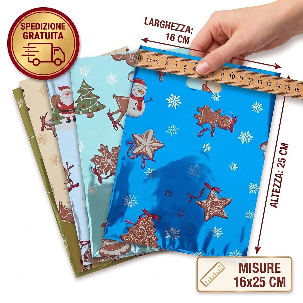 Lotto 20 Buste Natalizie (16x25 cm) Fondo Piegato – Fantasia Biscotti per Confezioni