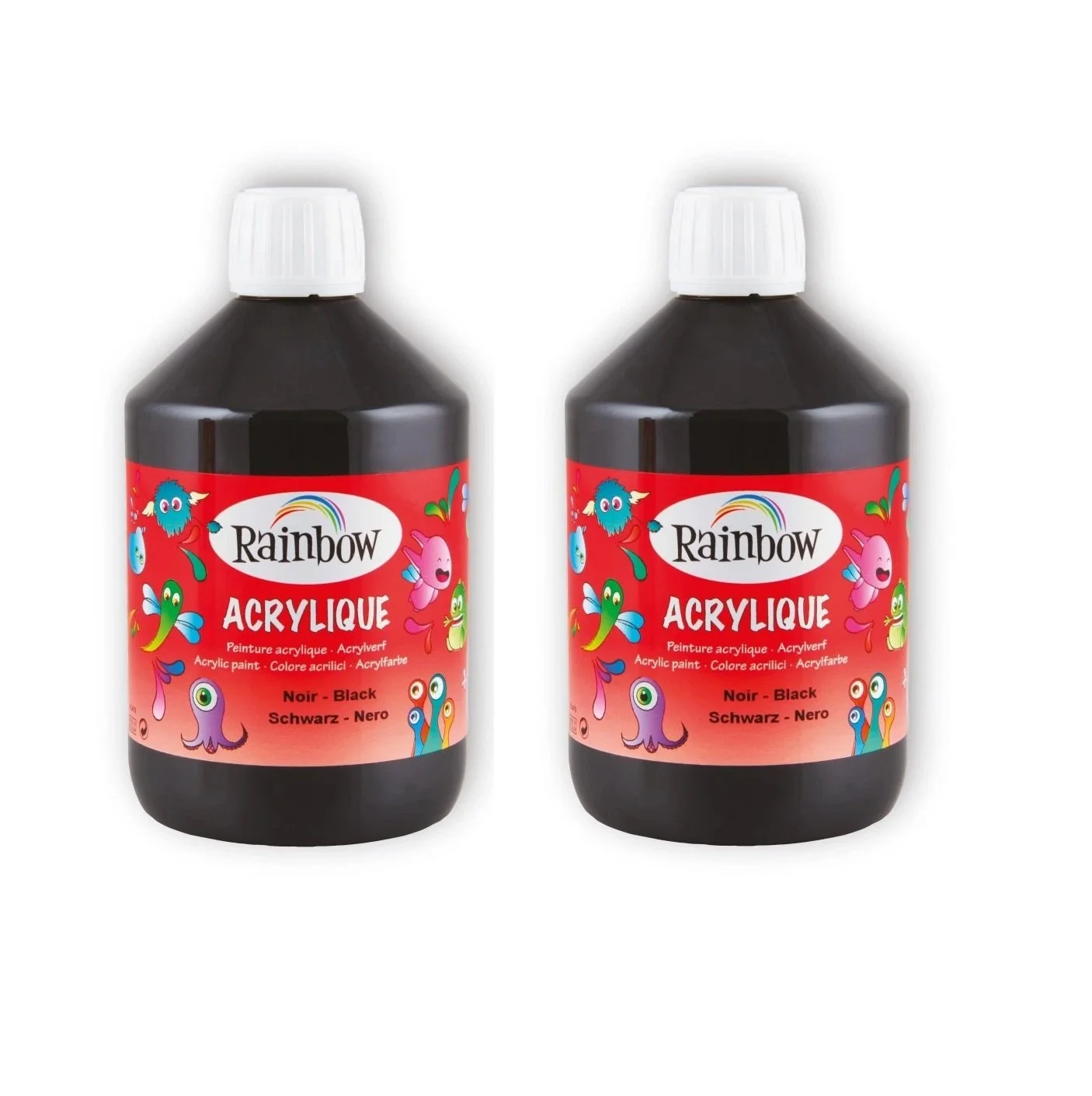 Lotto 2 Bottiglie Colore Acrilico Rainbow 500 ml Nero - Scorta Fai da Te