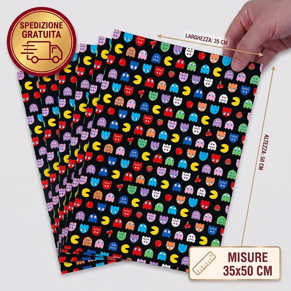 Set 10 Buste Regalo Pac-Man Retrogaming 35x50 cm – Fondo Nero Multicolore
