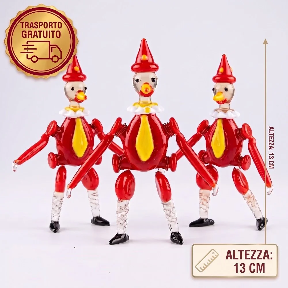 Set 3 Statuette Pinocchio in Vetro a Lume – Stock d'Epoca 1973 (NOS in Scatola Originale)