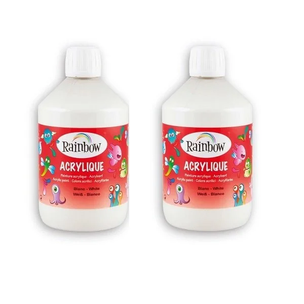 Lotto 2 Bottiglie Colore Acrilico Rainbow 500 ml Bianco - Scorta Fai da Te