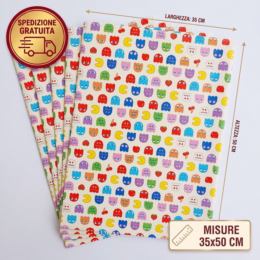Lotto 10 Buste Regalo e Imballo Retrogaming Stampa Pac-Man (35x50 cm) – Fondo Bianco Multicolore