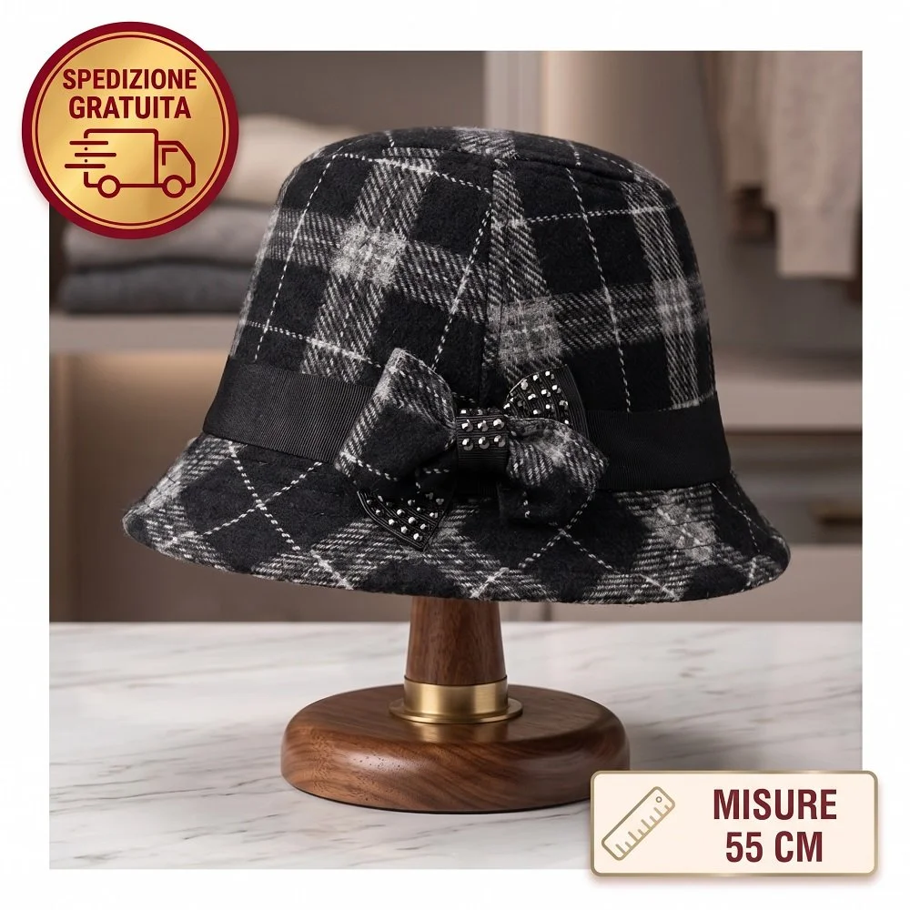 Cappello da Donna Cloche Fantasia Scozzese Nero e Grigio con Fiocco– Misura 55 cm